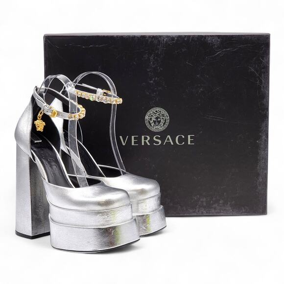 Versace Medusa Aevitas Double Platform Leather Pumps Silver EU 37 US 6.5 - $1445 - Picture 1 of 12